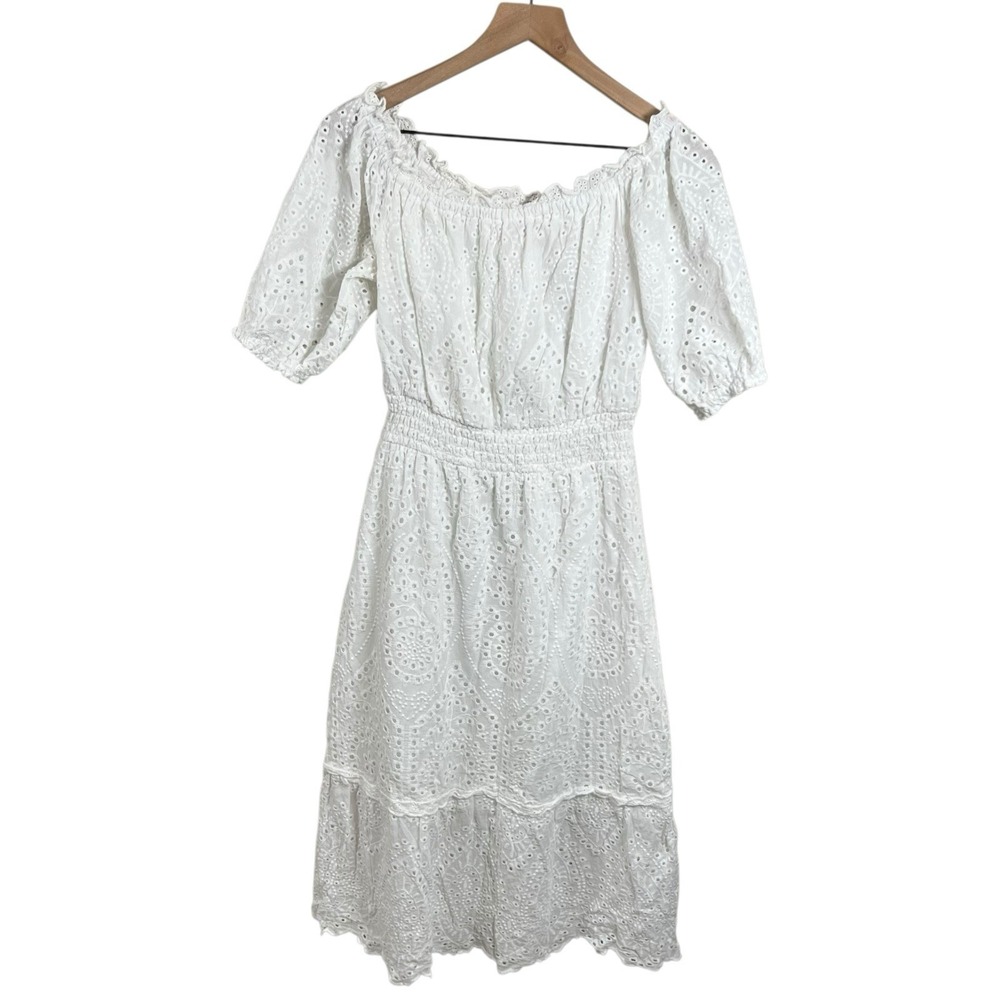 Betsey Johnson Womens Medium White Off Shoulder Elastic Waist Eyelet Dress READ‎